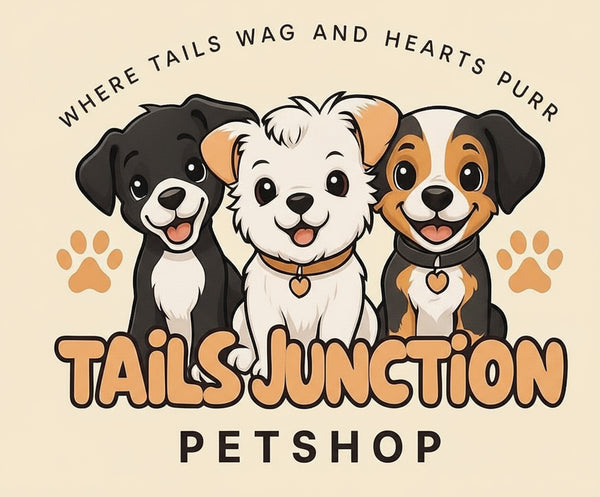 Logo of Tails Junction Petshop with cartoon dogs and text on a beige background